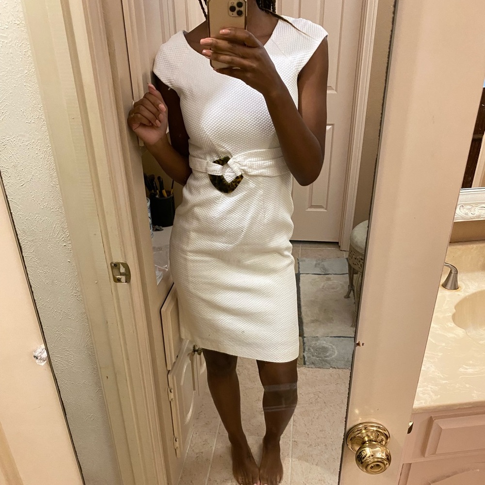 White Boat Neck Knee Length w Belt